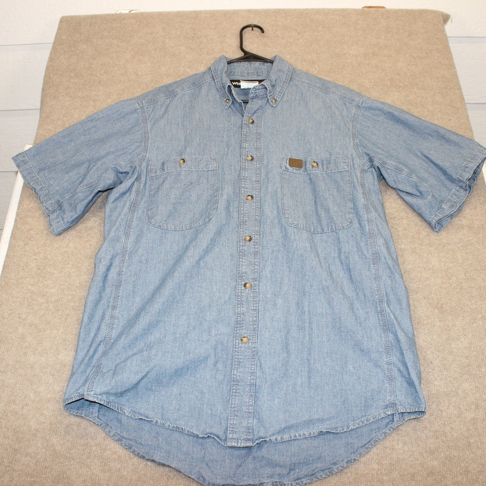 Wrangler Riggs Workwear Mens Large Blue Chambray Short Sleeve Shirt 3W531BL